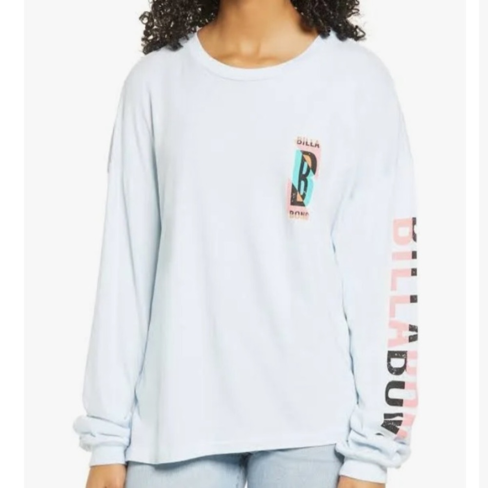 Billabong Light Blue Long Sleeved Logo Graphic Retro Relaxed Womens Tee XS/S NEW